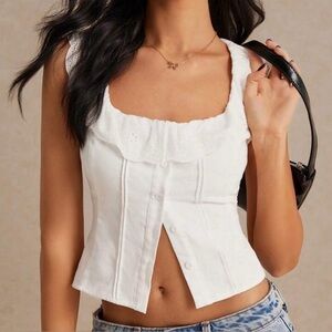 Poéselle Summer Solid Color Ruffle Trim Button Front Sleeveless Blouse